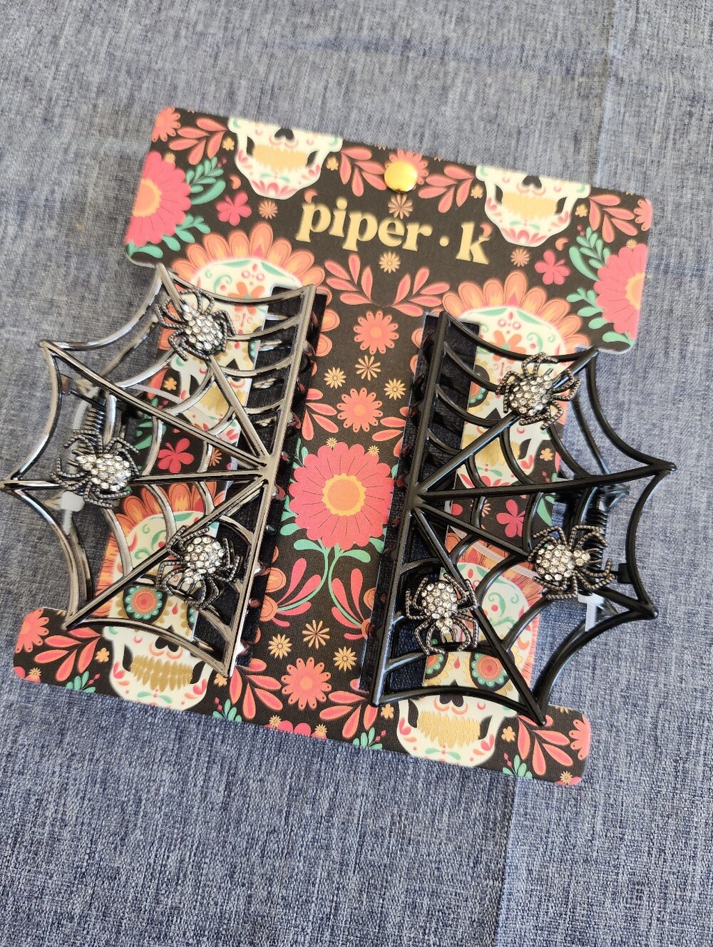 Piper K Spider Web Hair Claw Clips - Set of 2 Black and Silver Spider Web